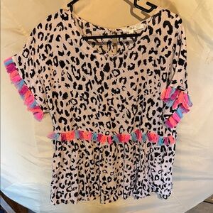 Andree Leopard Print Blouse with Pink and Blue Tassels